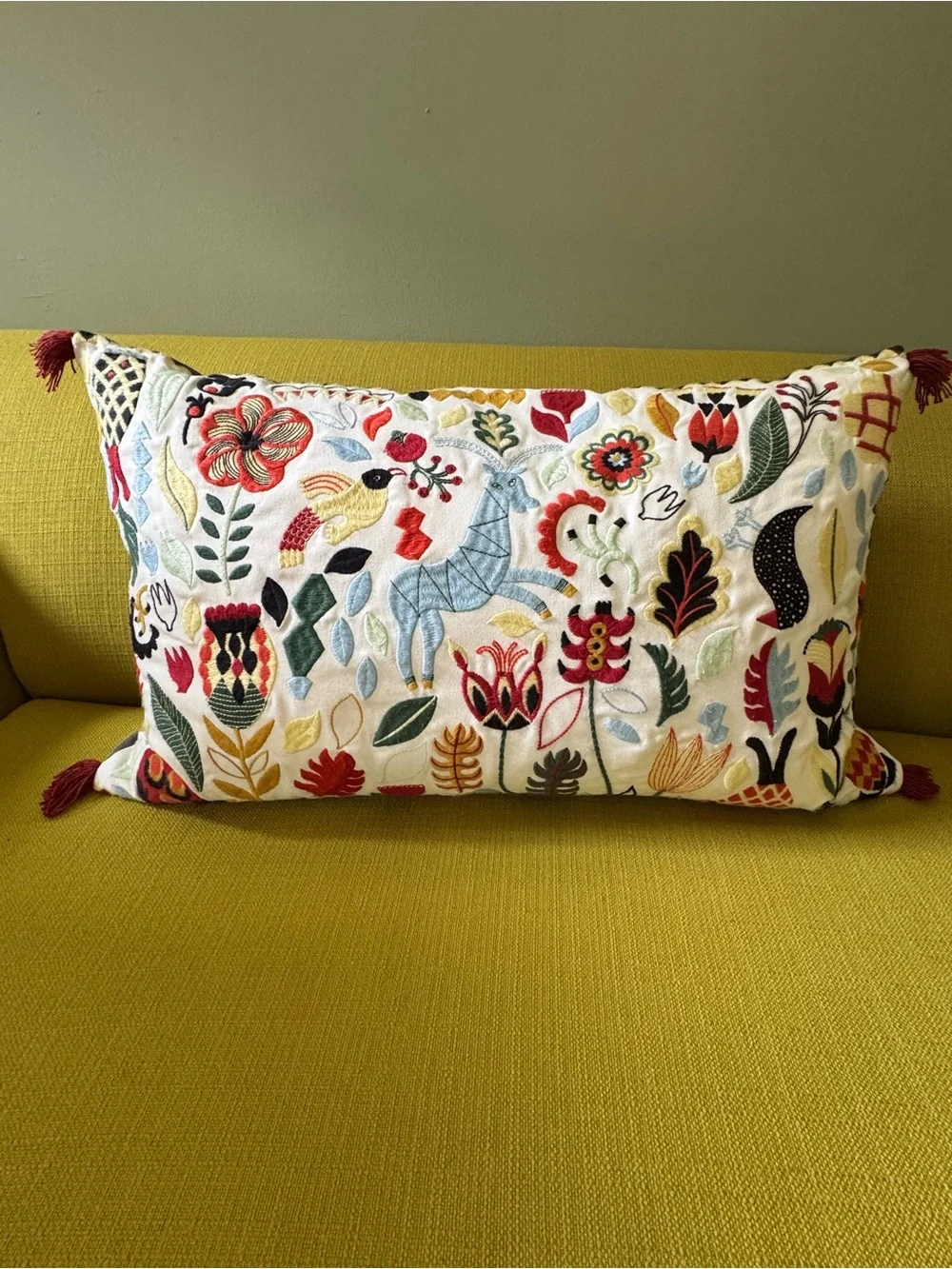 IKEA Embroidered Folk Art Lumbar Pillow Cover with Tassels